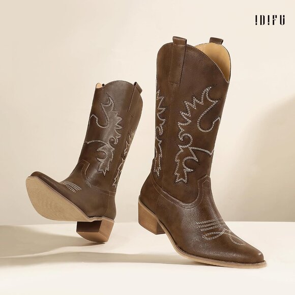 Women Brown Manmade Material Mid Calf Embroidered Low Heel Pointed Toe Boots - Picture 5 of 6